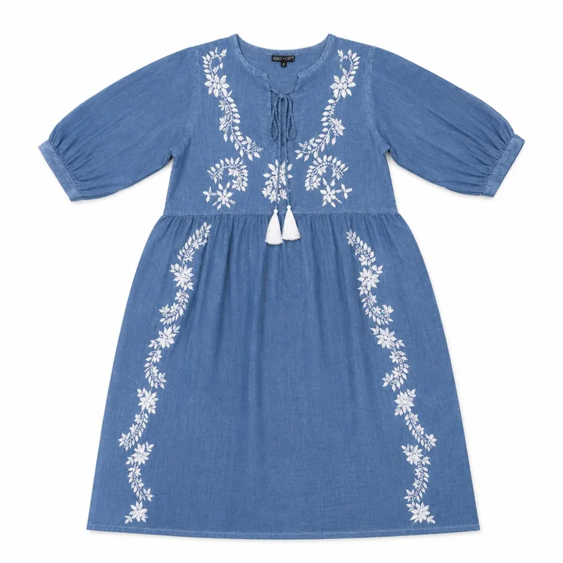 Nomad Sari On the Med Collection - Dress - Dusky Blu with Embroidery & Tassels (M-L) — foto 1