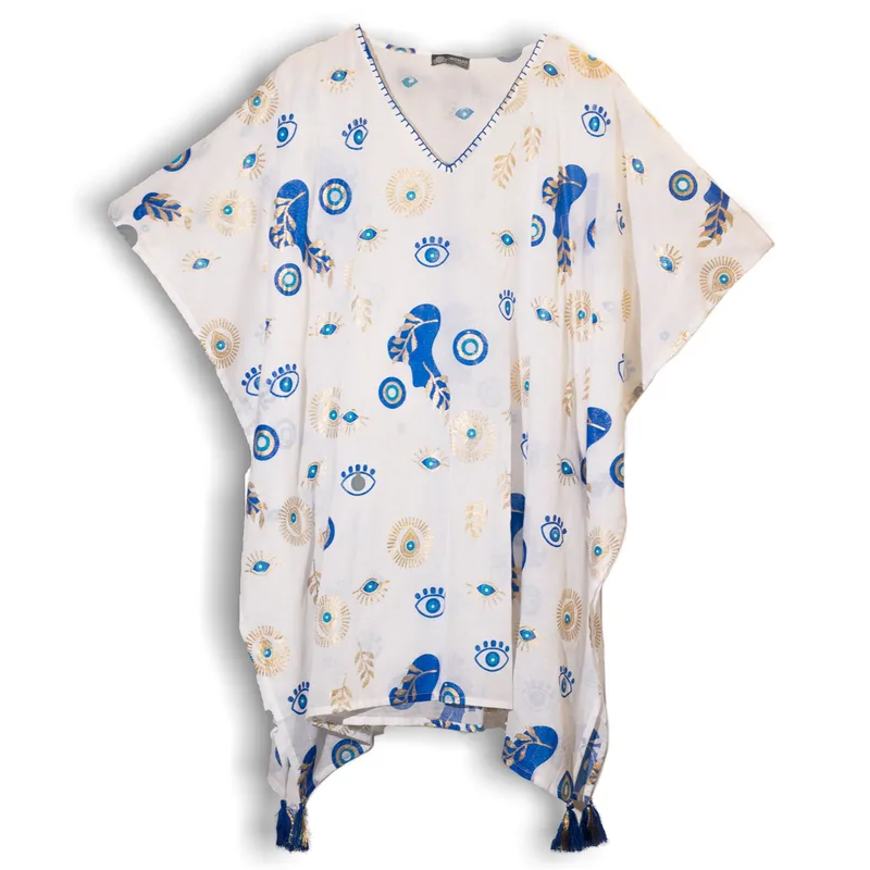 Nomad Sari On the Med Collection Kaftan Bianco , Blu & Oro Evil Eye Design