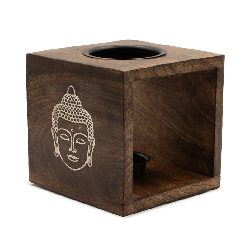 Large Square Mango Legno Olio Burner- Buddha Face