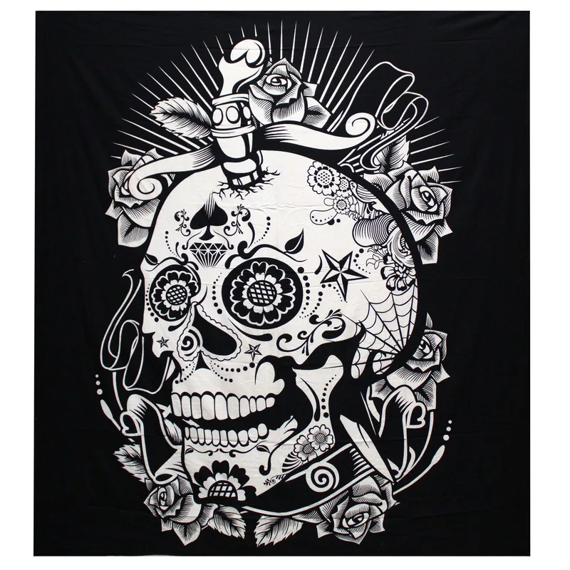 B&W Double Cotton Bedspread + Wall Hanging Rosa Skull