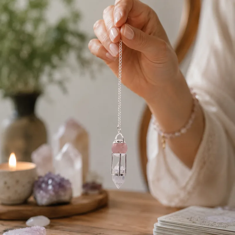 The Heart Whisperer Double Power Pendulum Rosa Quartz Globe Clear Quartz Double Terminated — foto 2