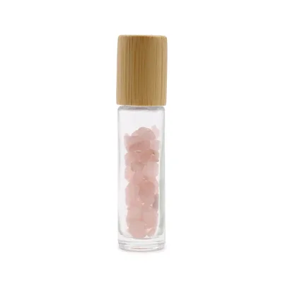 Olio Roller Bottiglia con Pietra Preziosa – Quarzo Rosa – Cappuccio in Legno + Punta Roller in Pietra Preziosa per Flacone da 5 ml – Quarzo Rosa — foto 1