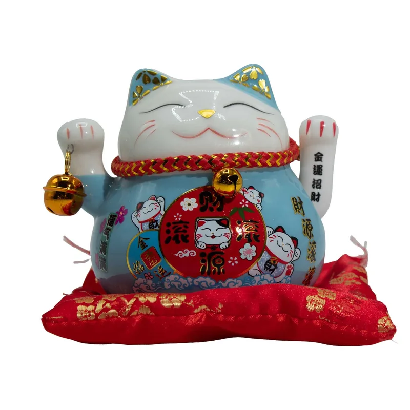 Ceramic Money Cat Moving Hand Blu on Cushion