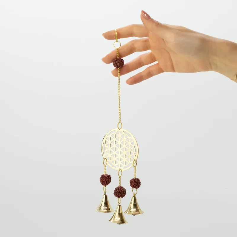 Indian Chimes Brass Fiore of Life with Rudraksha Beads 3 Bells 6x27cm