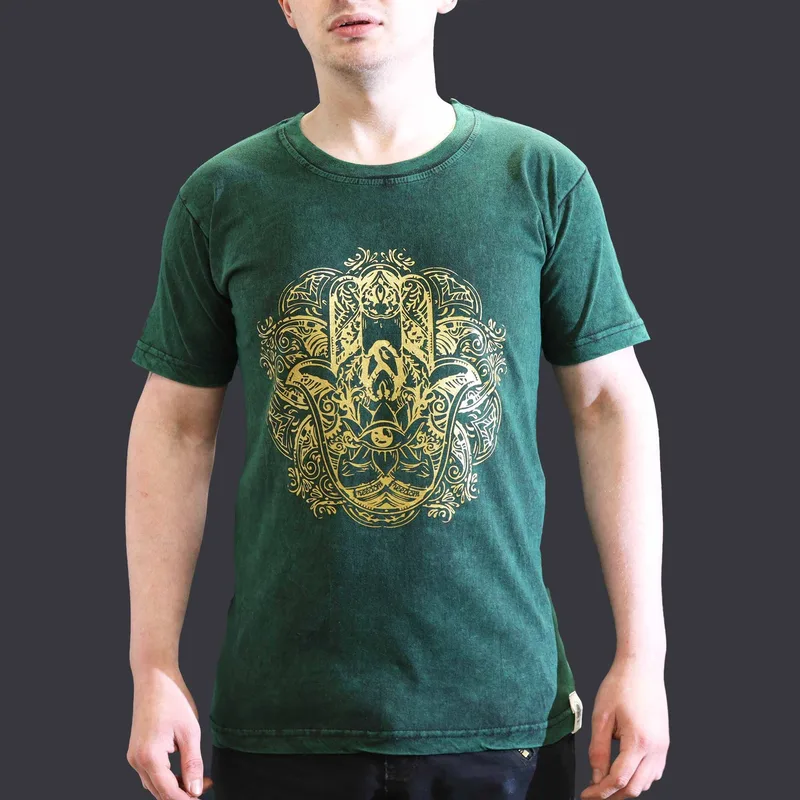 Nomad Sari Stonewashed Cotton T-Shirt – Hamsa – Verde – Small