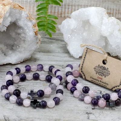 Set of 2 Gemstones Friendship Bracelets Love Amethyst & Rosa Quartz