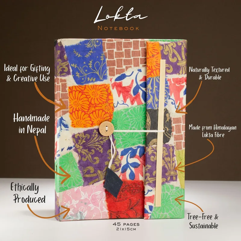Lokta Patchwork Notebook – Large – 45 Leaves – Includes Bookmark – Multi Colour — foto 2