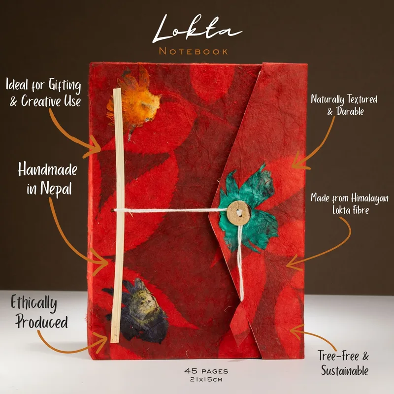 Lokta Bold Floral Notebook – Large – 45 Leaves – Includes Bookmark – Ruby — foto 1