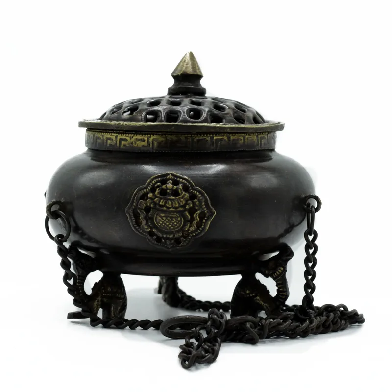 Lrg Brass Tibetan Bruciatore - Four Symbol Hanging Pot