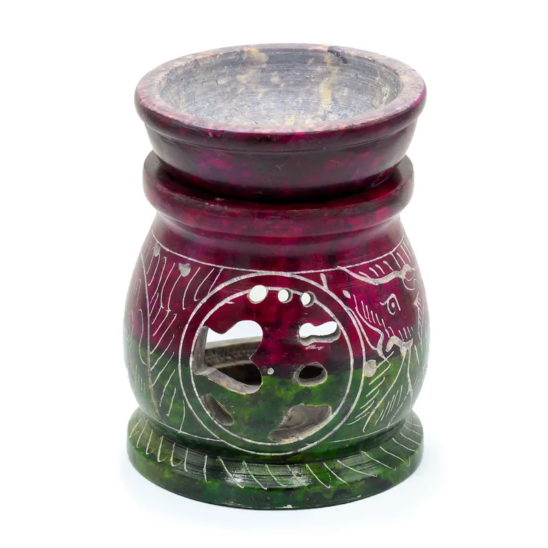 Small Coloured Soapstone Olio Bruciatore 8cm Om & Elephant