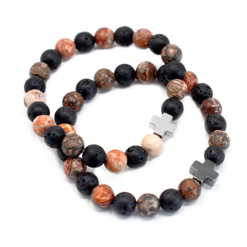 Set di 2 Braccialetti Amicizia con Pietre Preziosa – Eternità – Panna, Pelle e Pietra di Lava. — foto 5