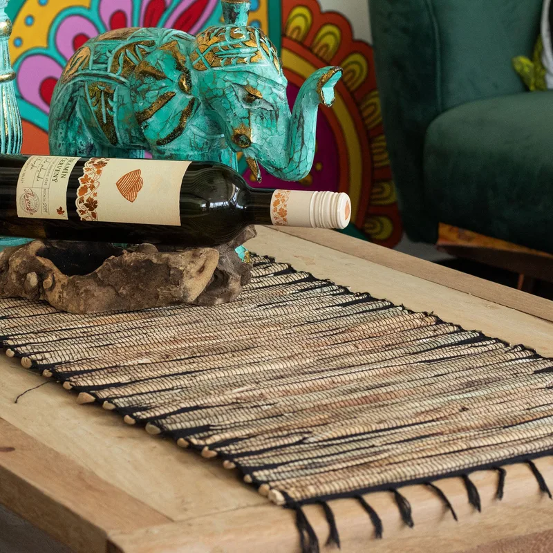 Water Hyacinth Naturale Table Runner Nero Tiger with Fringe 150cm