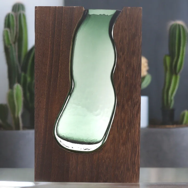 Lrg Glass Vase / Terarium inside Dark Tung Legno 18x5x32cm — foto 1