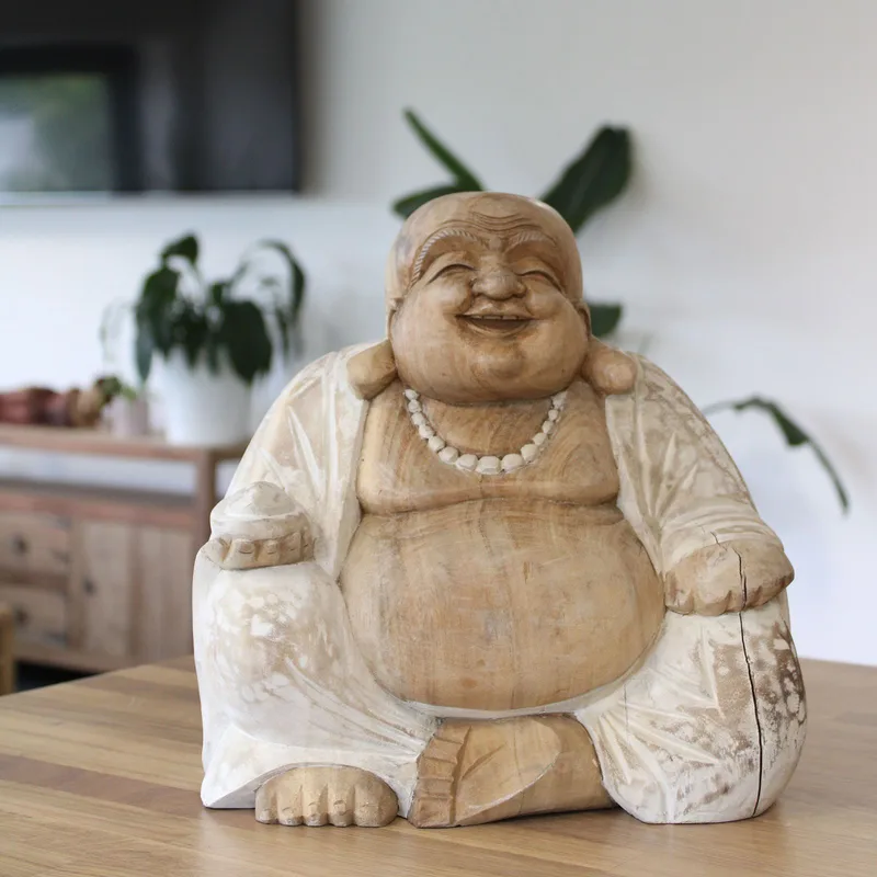 Hand Carved Buddha Statue 30cm Happy Whitewash — foto 2