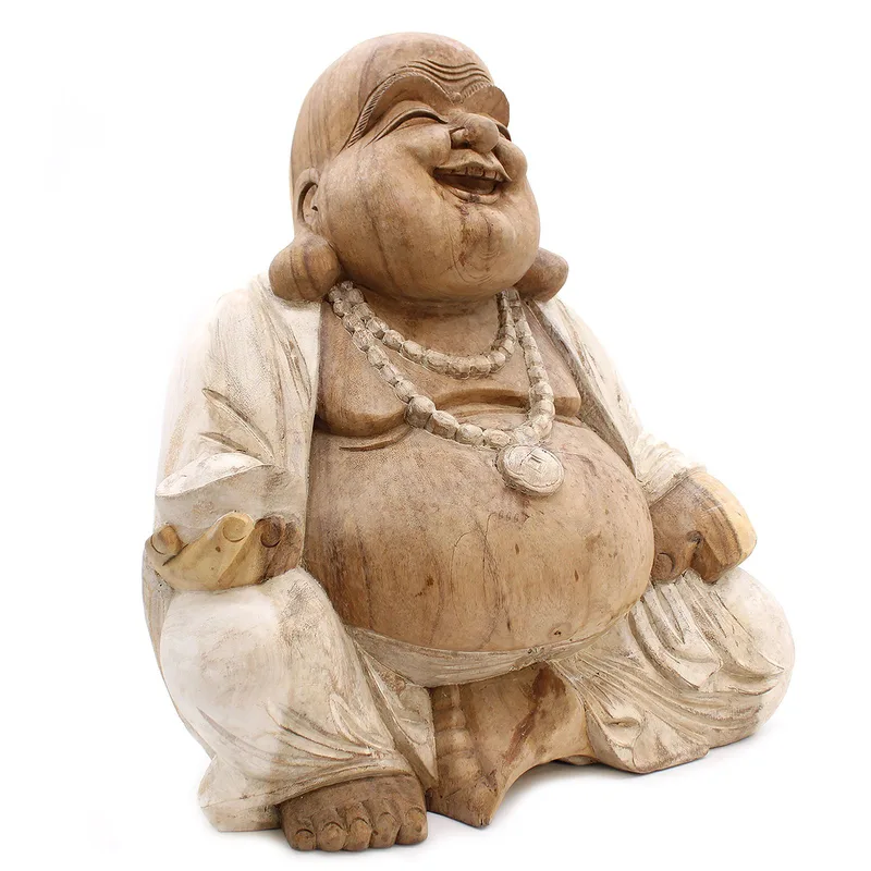 Hand Carved Buddha Statue 50cm Happy Whitewash — foto 1