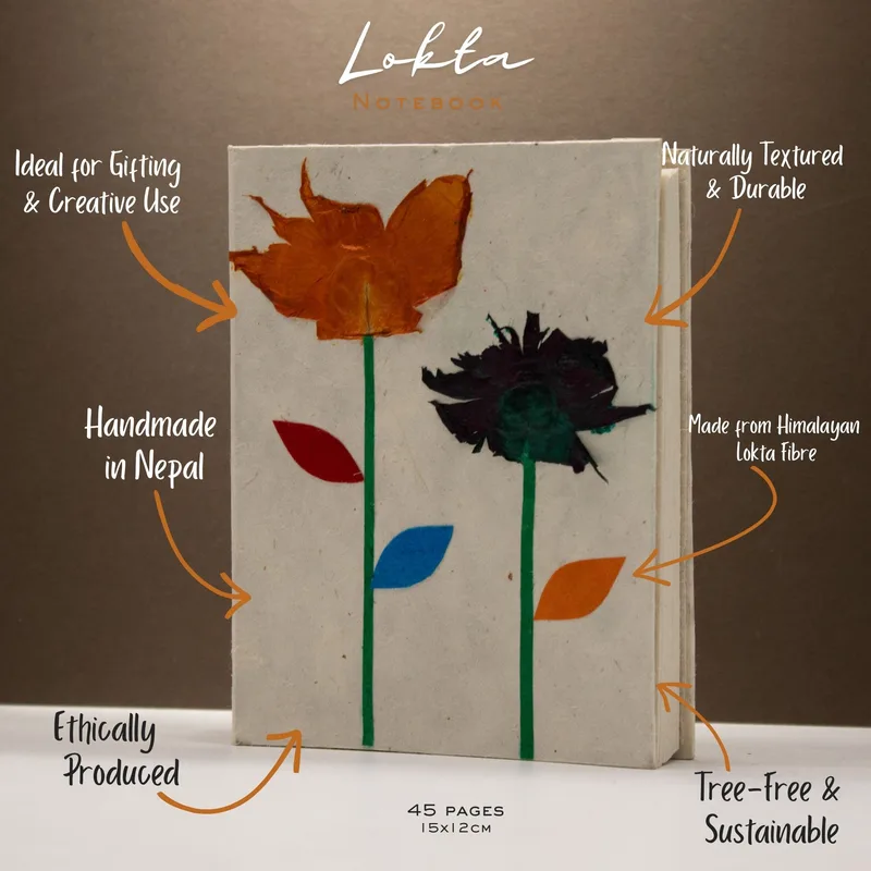 Med Lokta Notebook (15x12cm) - 45 leafs - Crafted Real Himalayan Floral Design — foto 1