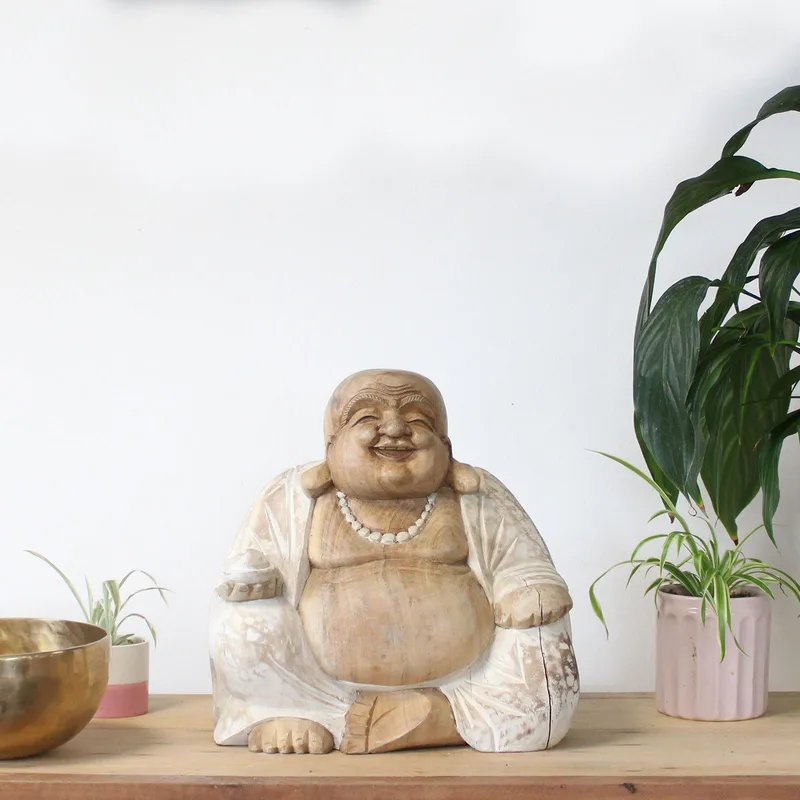 Hand Carved Buddha Statue 30cm Happy Whitewash — foto 4