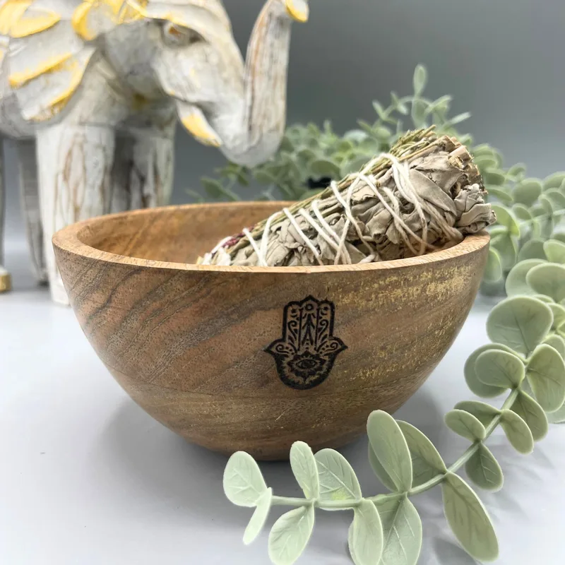 Wooden Smudge and Ritual Offerings Bowl Hamsa 14x7cm — foto 1