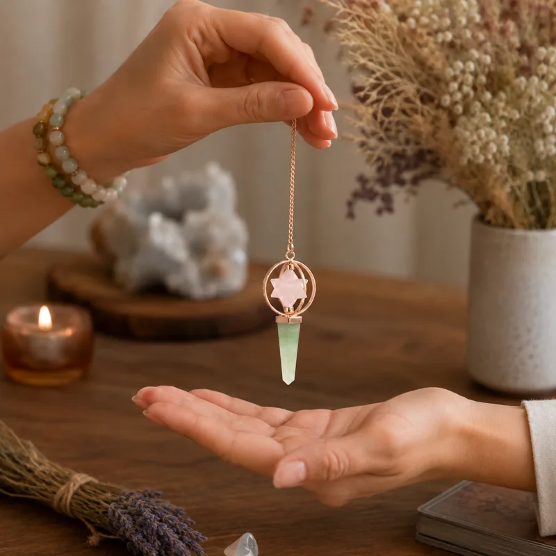 Heart Compass Two Piece Spinning Merkaba Star in Copper Pendulum Rosa Quartz & Verde Aventurine — foto 2