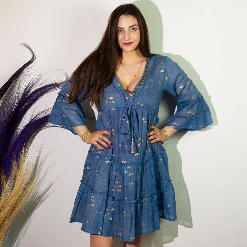 Nomad Sari On the Med Sea Blu & Oro Fish Print Dress — foto 1