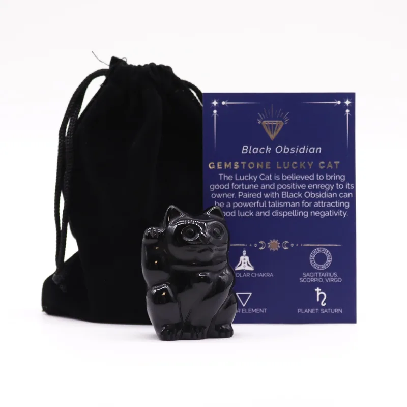 Gemstone Lucky Cat Nero Obsidian 50x35x25mm