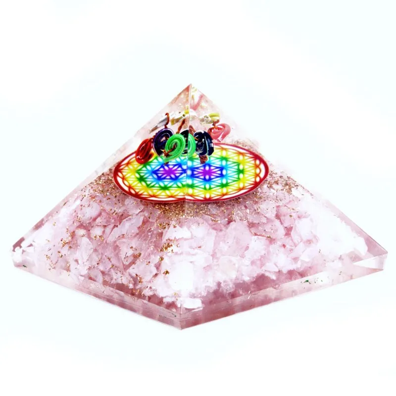 Orgonite Pyramid Rosa Quartz Rainbow Fiore of Life 70 mm