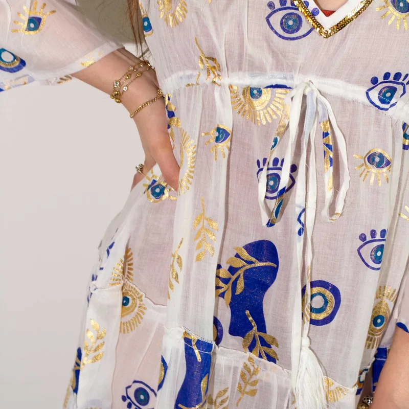 Nomad Sari Evil Eye Dress – Bianco Blu & Oro – Size M/L — foto 2