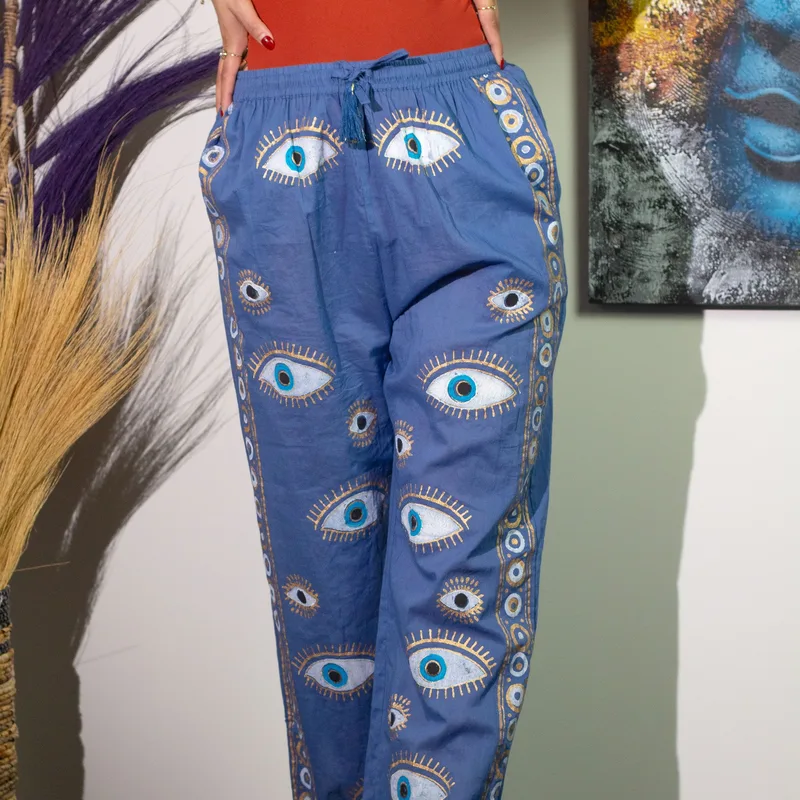 Nomad Sari On the Med Collection Lounge Pants Rich Blu & Oro Hand Painted Evil Eye Design — foto 6