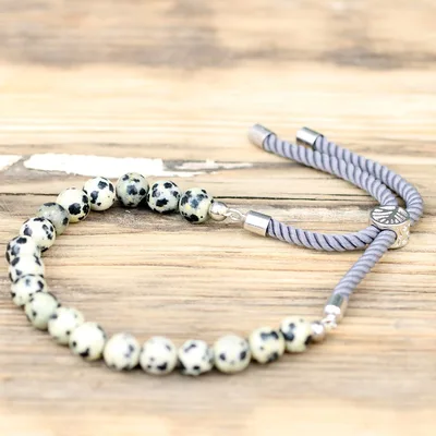 925 Argento Plated Gemstone Charcoal String Bracelet Dalmation Jasper — foto 5