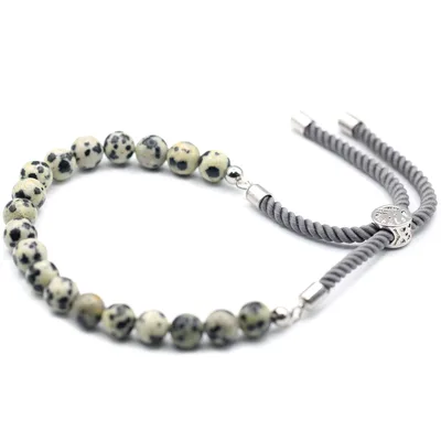 925 Argento Plated Gemstone Charcoal String Bracelet Dalmation Jasper