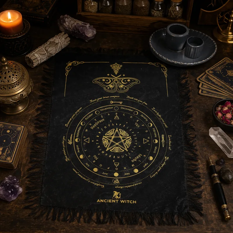 Ancient Witch Pendulum Divination Cloth - Mystic Moth - Nero & Oro
