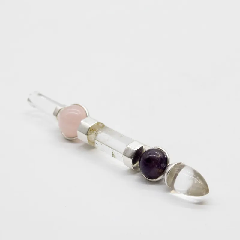Axis of Grace Wand Amethyst & Rosa Quartz Spheres, Quartz Stem 12cm — foto 1