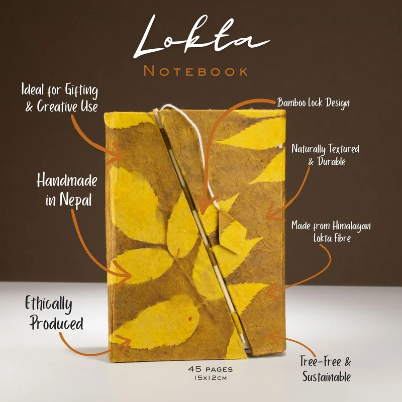 Lokta Bold Floral Bamboo Lock Notebook – Medium (15x12cm) – 45 Leaves – Mustard Brown — foto 1