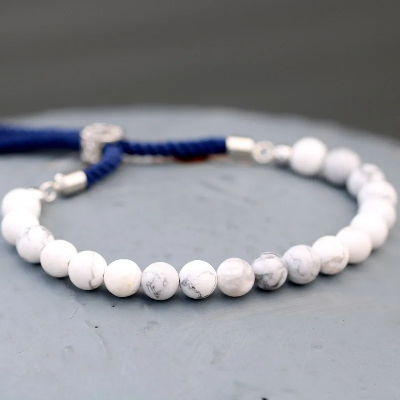 925 Argento Plated Gemstone Navy String Bracelet Bianco Howlite — foto 3