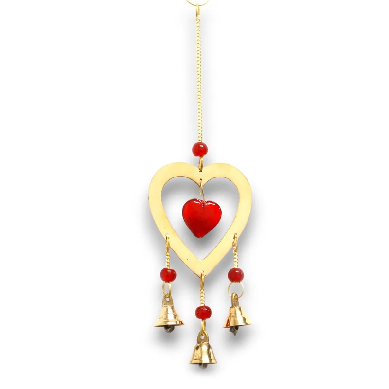Indian Chimes - Brass With Ruby Glass Heart Beads - 3 Bells - 6.5x24cm — foto 1