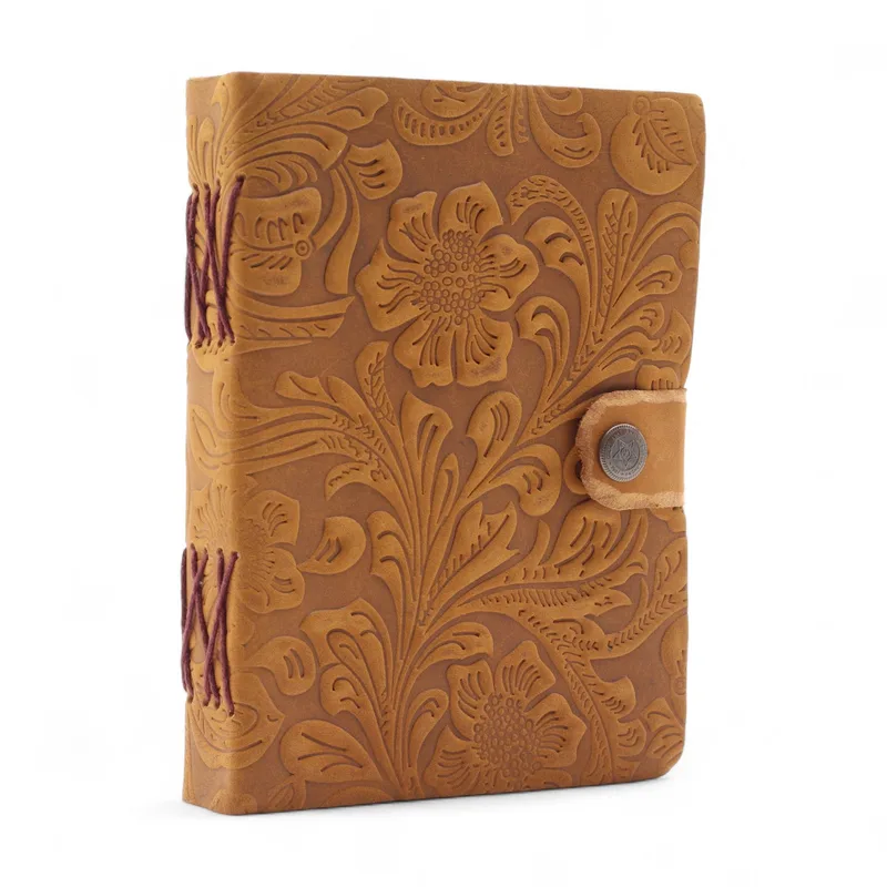 Leather Embossed Notebook – Tan Floral Pattern – 17.8×12.7 cm — foto 2