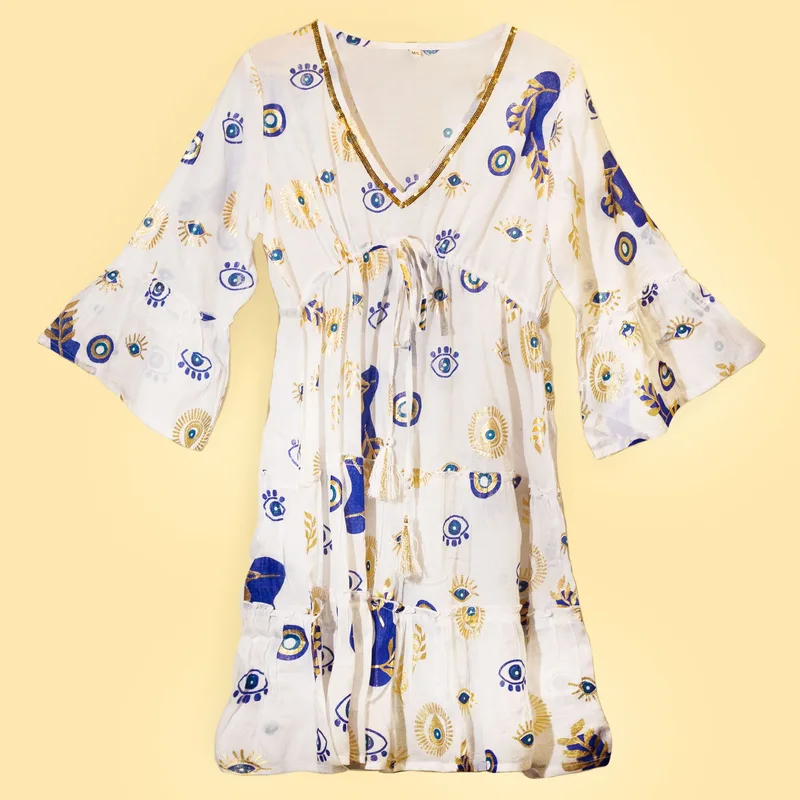 Nomad Sari Evil Eye Dress – Bianco Blu & Oro – Size M/L — foto 5