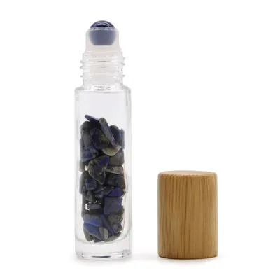 Olio Roller Bottiglia con Pietra Naturale – Sodalite – Cappuccio in Legno + Punta Roller in Pietra per Flacone da 5 ml