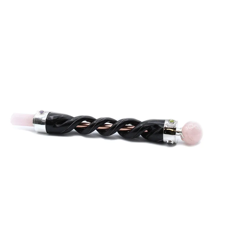 Spiral Carving Healing Wand Copper Pipe Rosa Quartz — foto 2
