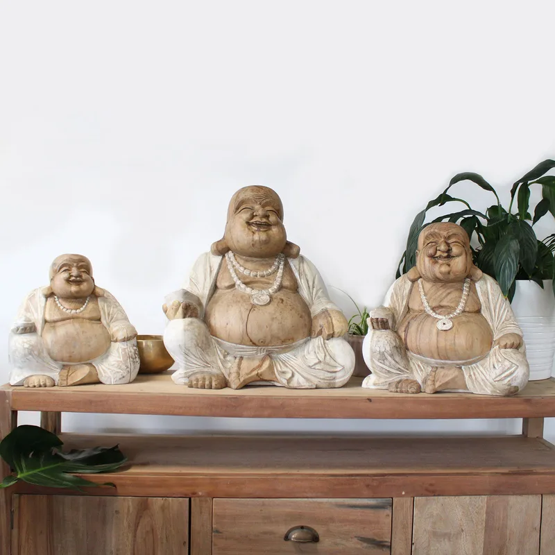 Hand Carved Buddha Statue 30cm Happy Whitewash — foto 1