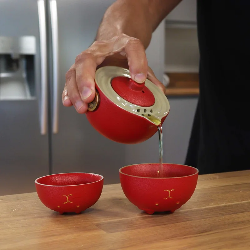 Money Cat Teapot Set Two Cups Travel Pack Red