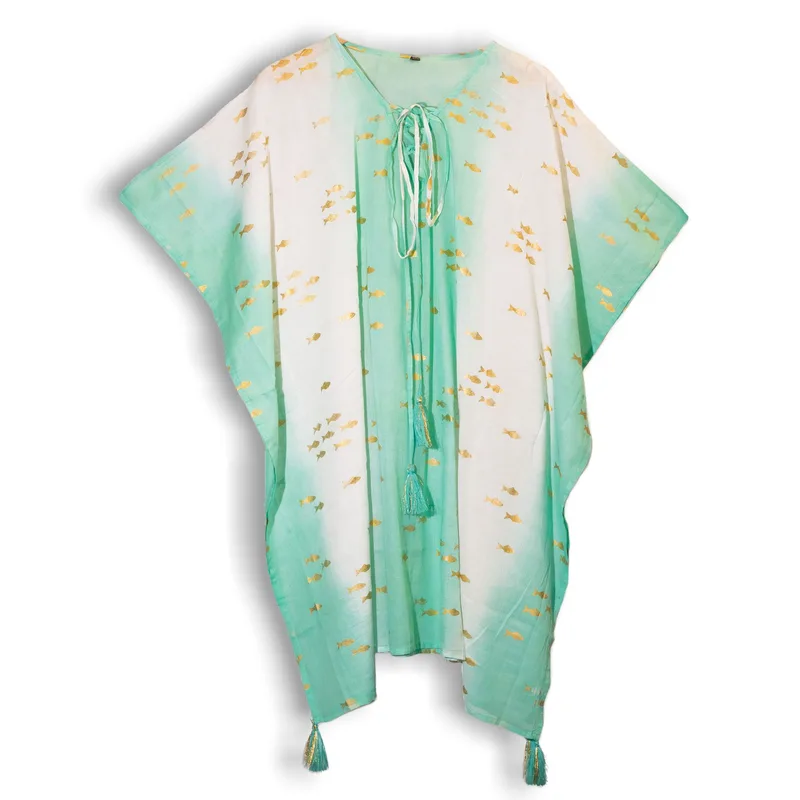 Nomad Sari On the Med Collection Kaftan Bianco & Turquoise & Oro Fish Design