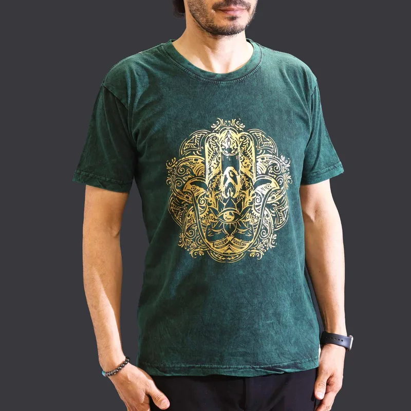 Nomad Sari Stonewashed Cotton T-Shirt – Hamsa – Verde – Medium