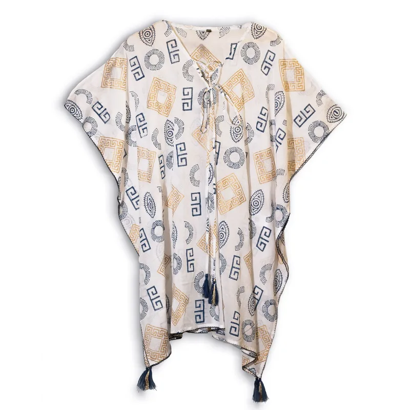 Nomad Sari On the Med Collection Kaftan Oro & Blu Greek Motiff Handpainted