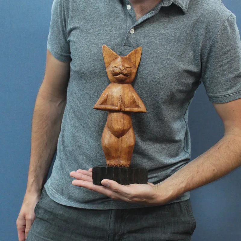 Handcarved Yoga Cat Standing