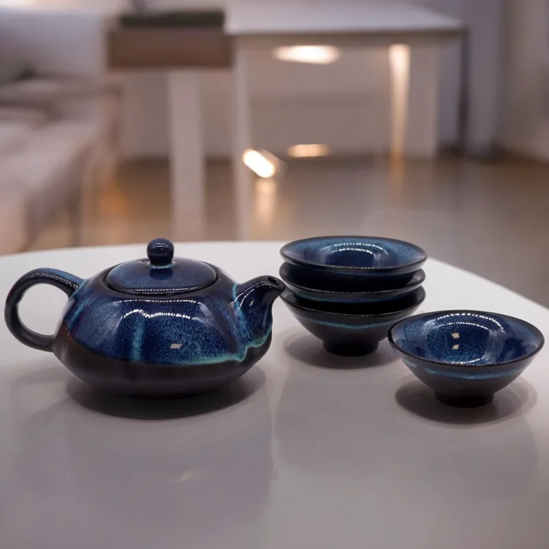Herbal Blues Teapot Set Pot & Four Cups