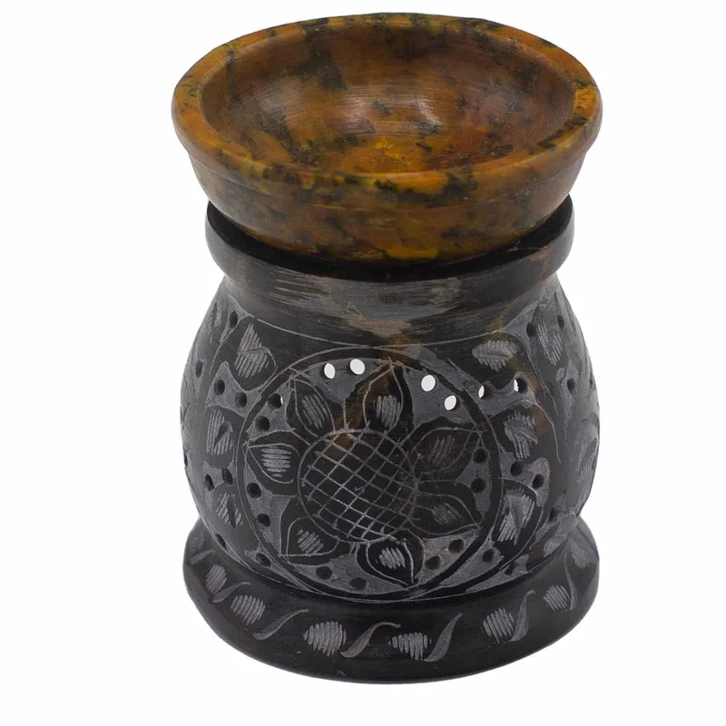 Soapstone Olio Bruciatore 10cm Mandala Fiore Nero & Yellow