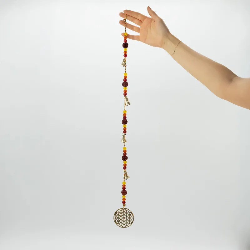 Indian Chimes Brass Fiore of Life with Rudraksha Beads String Bells 6x63cm