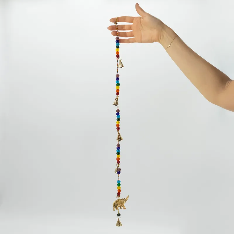 Indian Chimes Brass Elephant with Chakra Beads String Bells 53cm