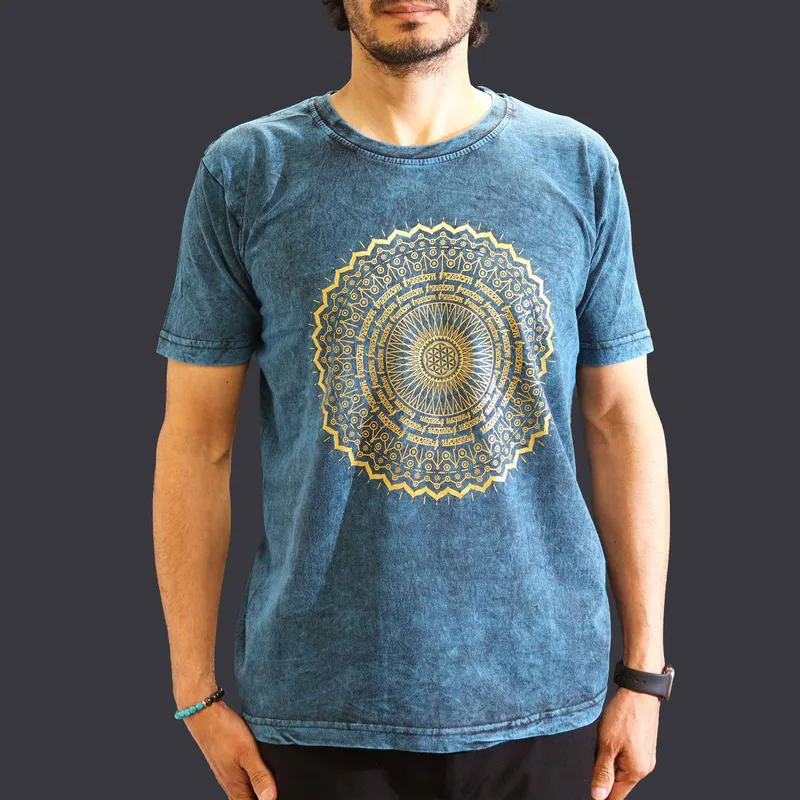 Nomad Sari Stonewashed Cotton T-Shirt Mandala Blu Medium